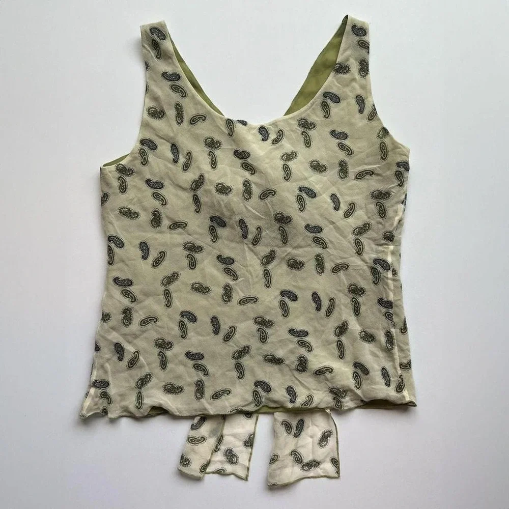 Y2K Vintage Tape Measure Silk V-Neck Babydoll Top Paisley Pattern - Picture 2 of 5